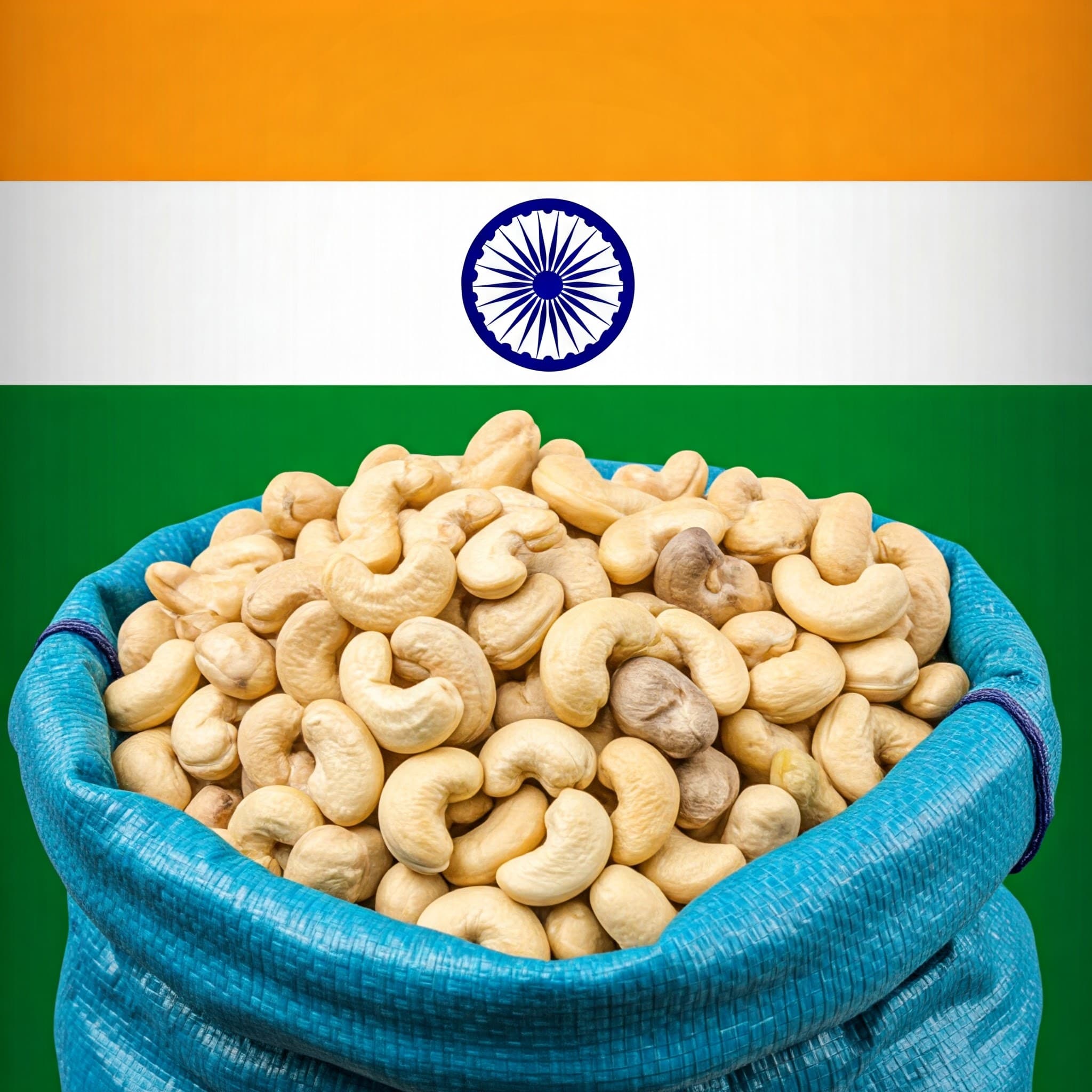 Cashew nuts in an export bag with India flag (AI-generated Image)