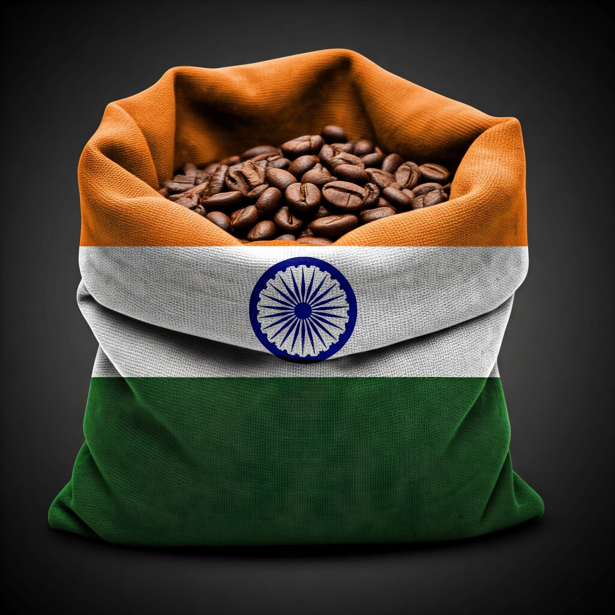 Coffee bean in an export bag with India flag (AI-generated Image)