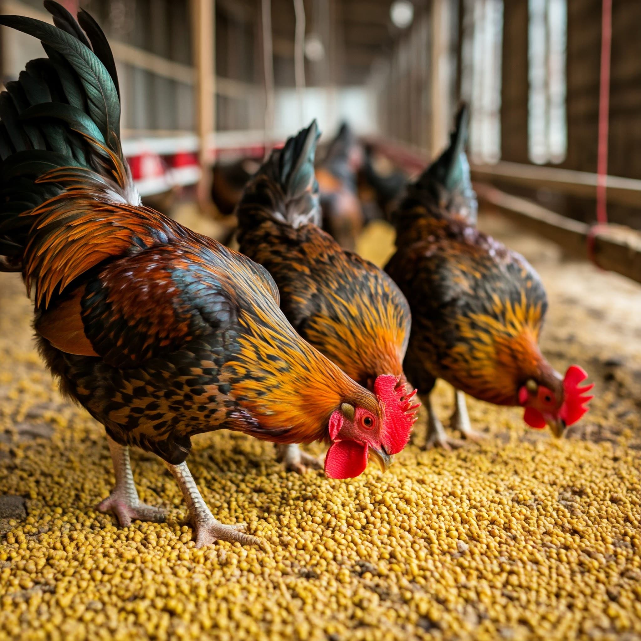 Roosters Feeding on Soya De-Oiled Cake (AI-generated Image)