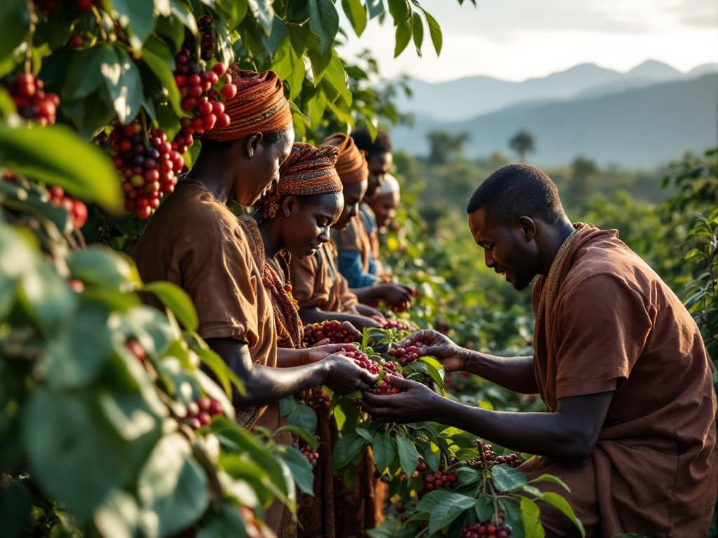 Farmers harvesting coffee cherries (AI-generated image)