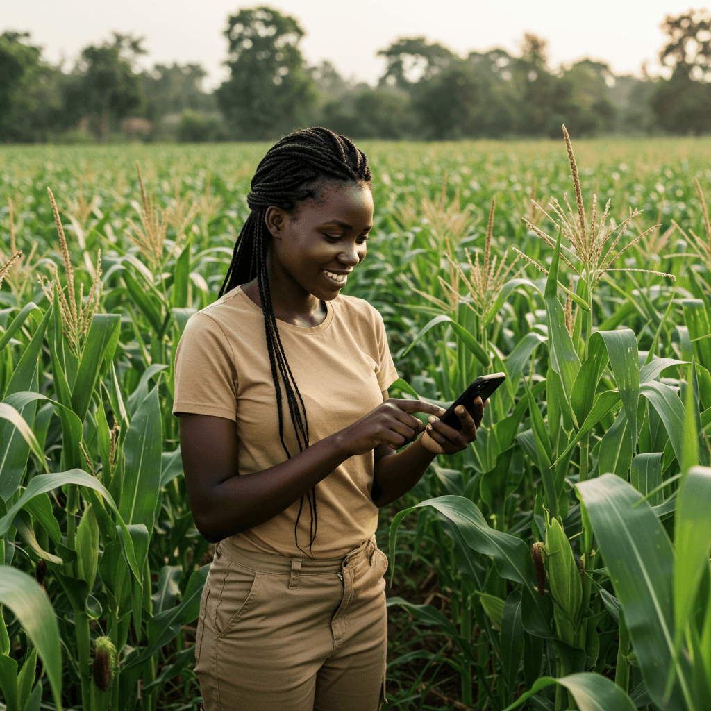 An African woman farmer using a mobile app on her maize farm (AI-Generated Image).
