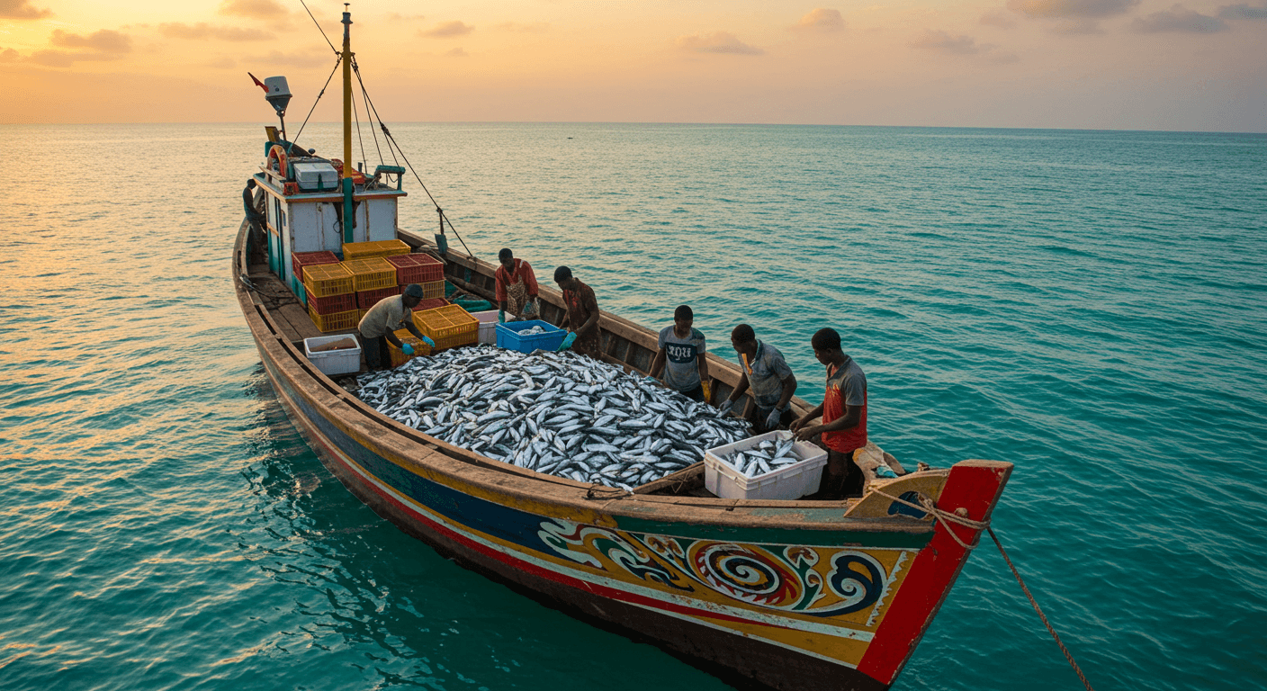 Ivorian fishing vessel with captured seafood (AI-generated image)