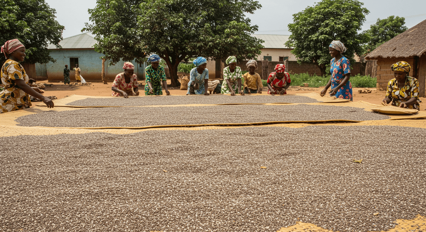 Les graines de chia en train de sécher au Nigeria (image générée par IA)