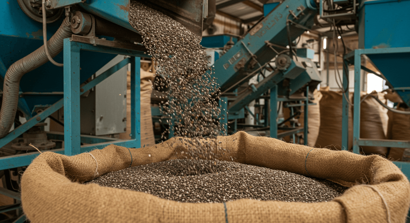 Des graines de chia tombent dans un sac de 50 kg sur une ligne de production au Nigeria (image générée par IA).