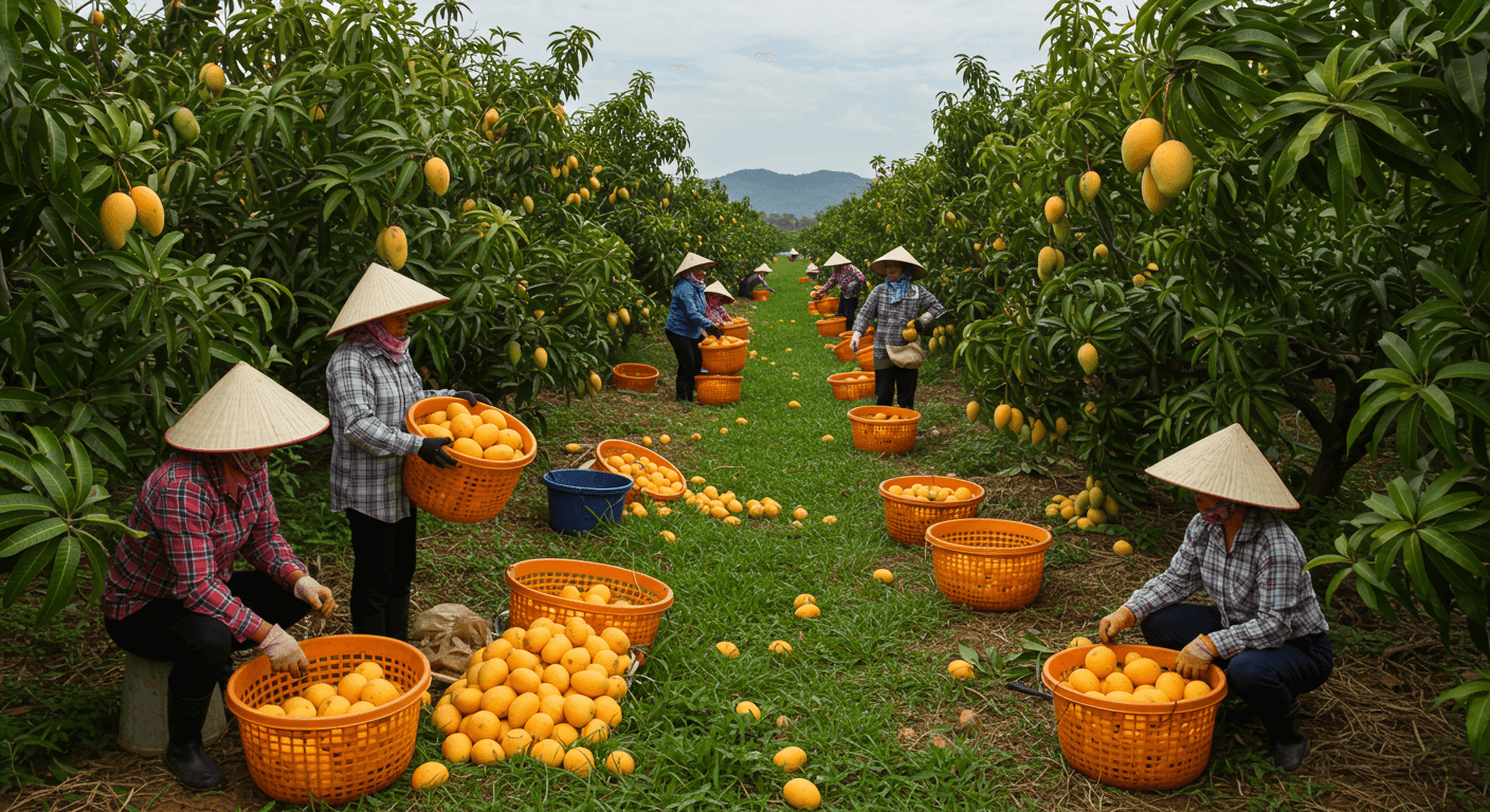 Des agriculteurs récoltent des mangues au Vietnam (image générée par IA)