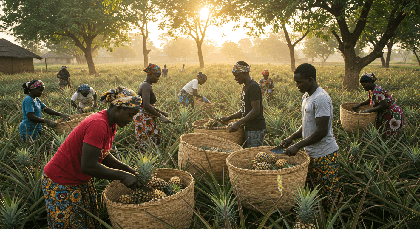 Ghanaian farmers harvesting pineapples (AI-generated image)