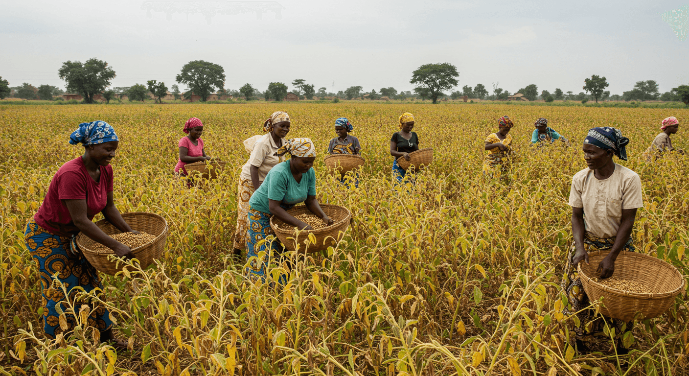 Nigerian farmers harvesting sesame (AI-generated image)