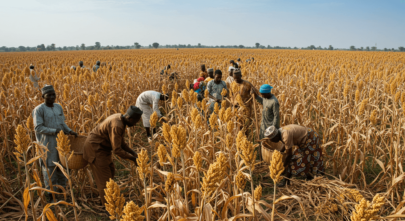 Farmers Harvesting Sorghum in Nigeria (AI-Generated Image)