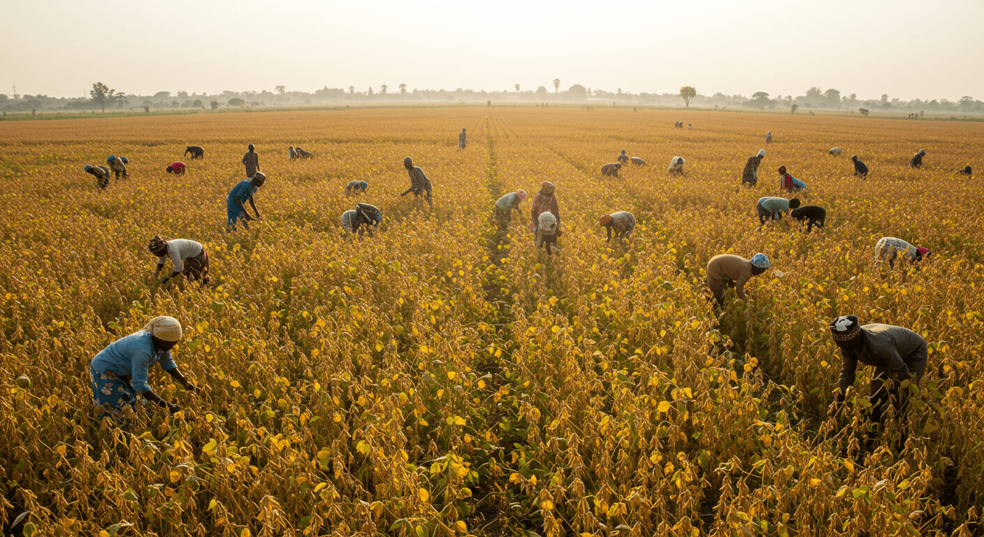 Nigerian farmers harvesting soybeans (AI-generated image)