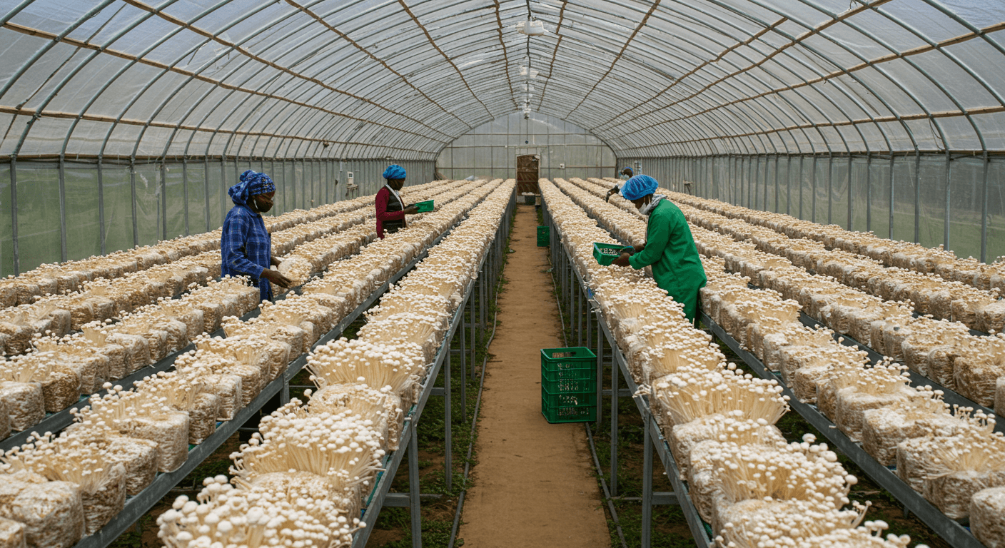 Invernadero de setas enoki en Nigeria (imagen generada por IA).