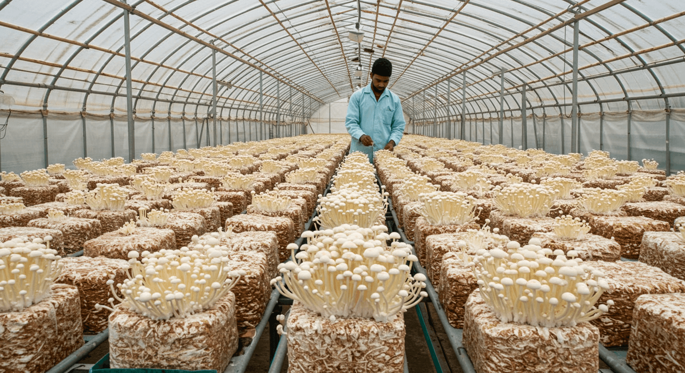 Enoki mushroom greenhouse in Nigeria (AI-generated image).
