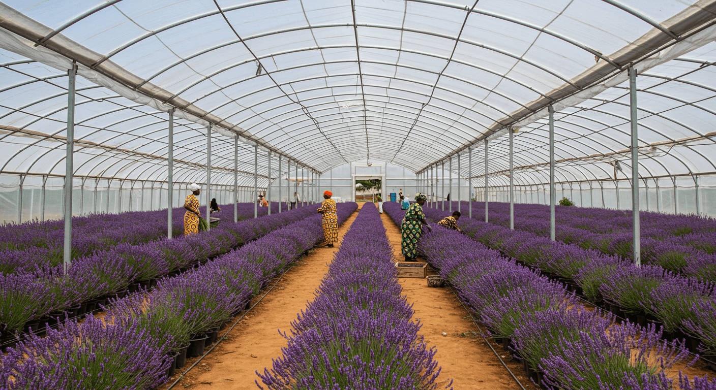 Invernadero de lavanda en Nigeria (imagen generada por IA).