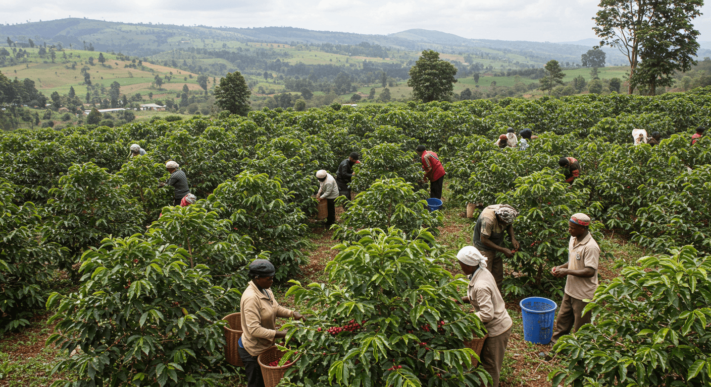 Farmers harvesting coffee cherries in Tanzania (AI-generated image)