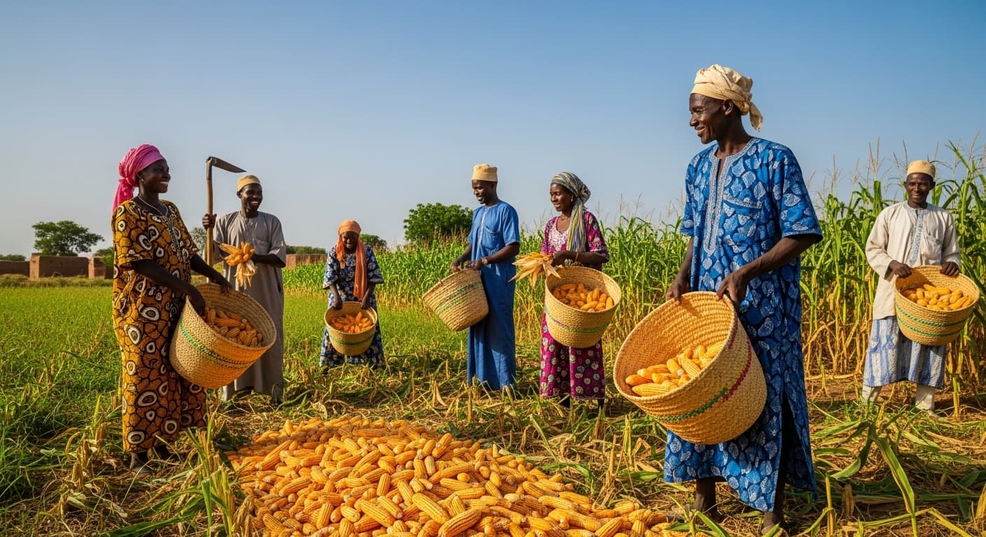 Malian farmers harvesting maize (AI-generated image)