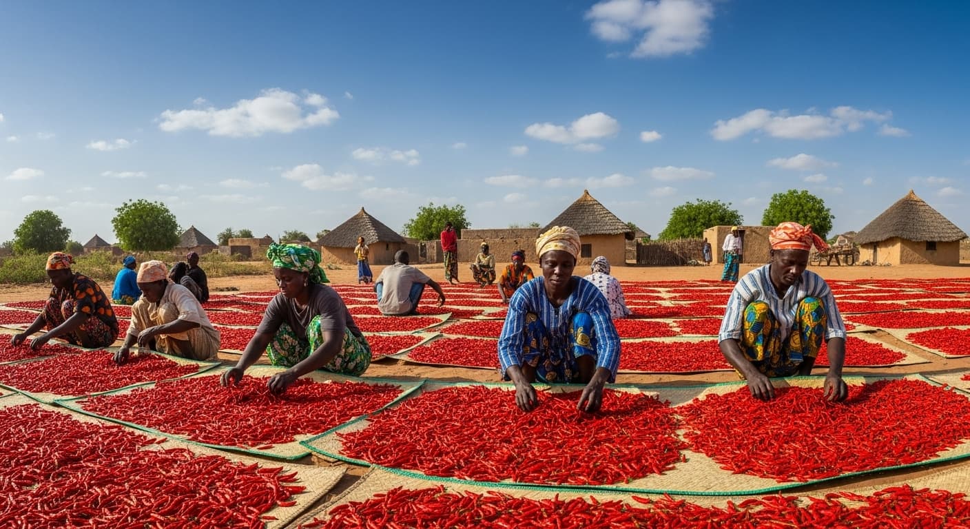 Senegalese farmers drying red chili peppers (AI-generated image)