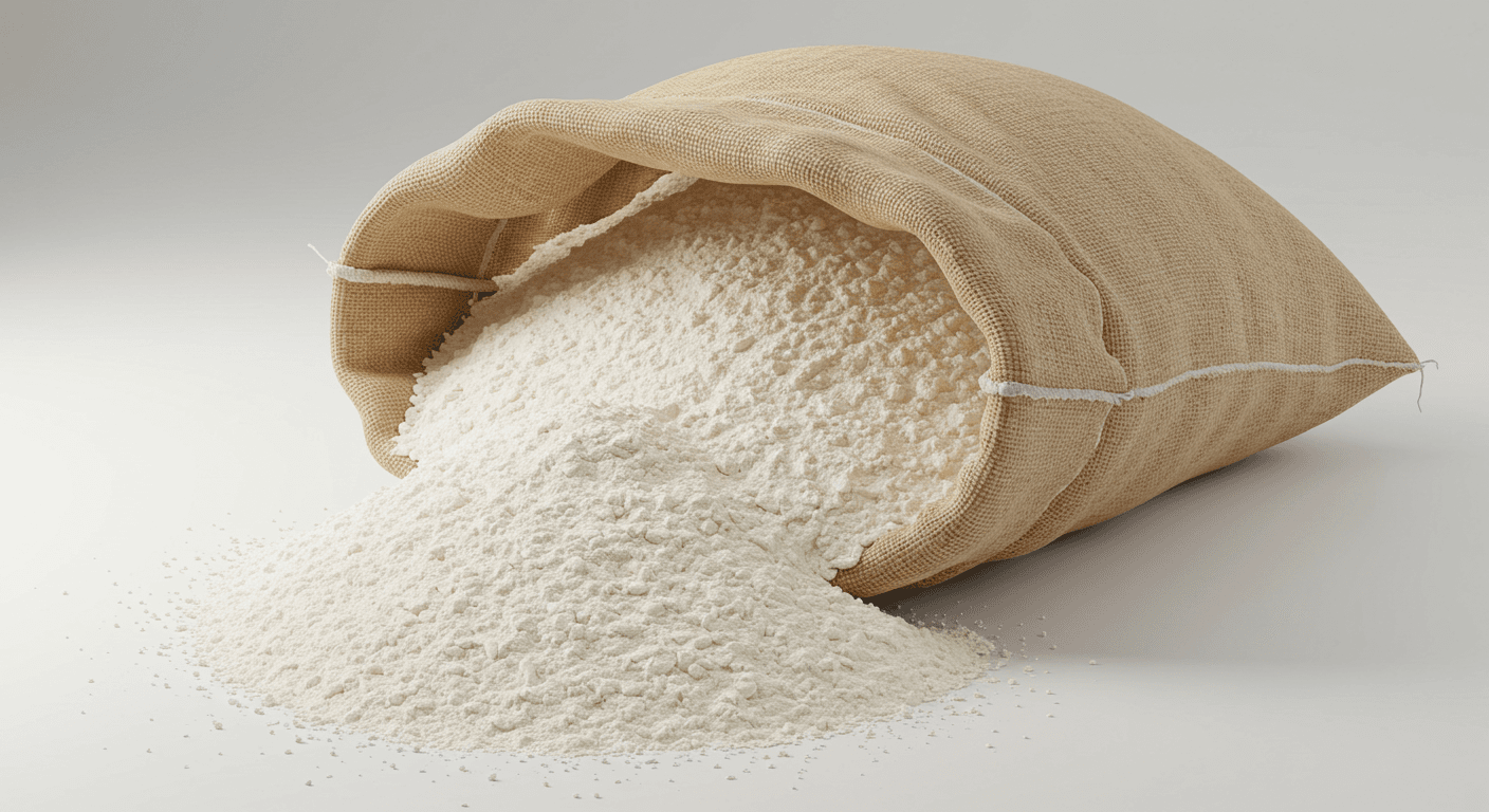 Cassava starch in an open 25-kg bag (AI-generated image).