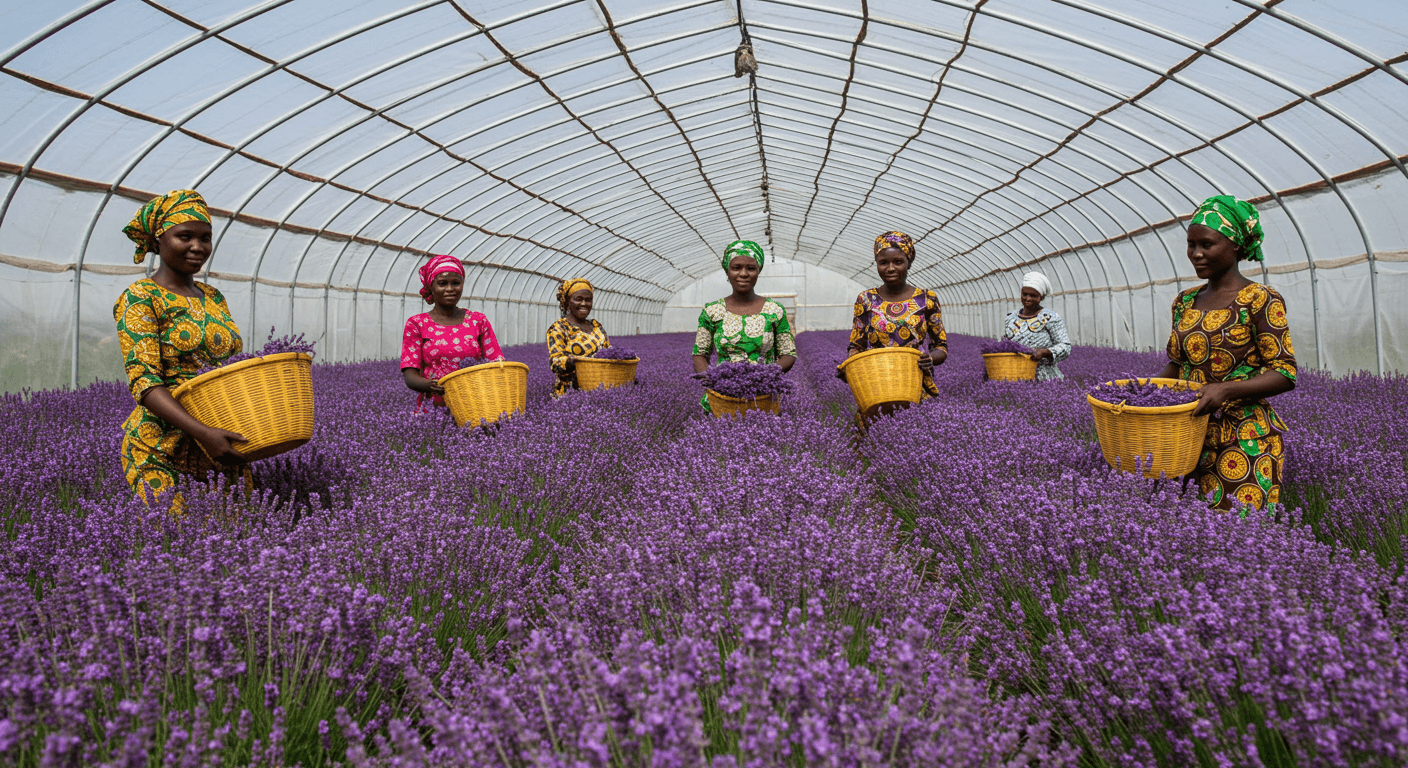 A group of female workers is harvesting lavender in a greenhouse in Nigeria. (AI-generated image.)