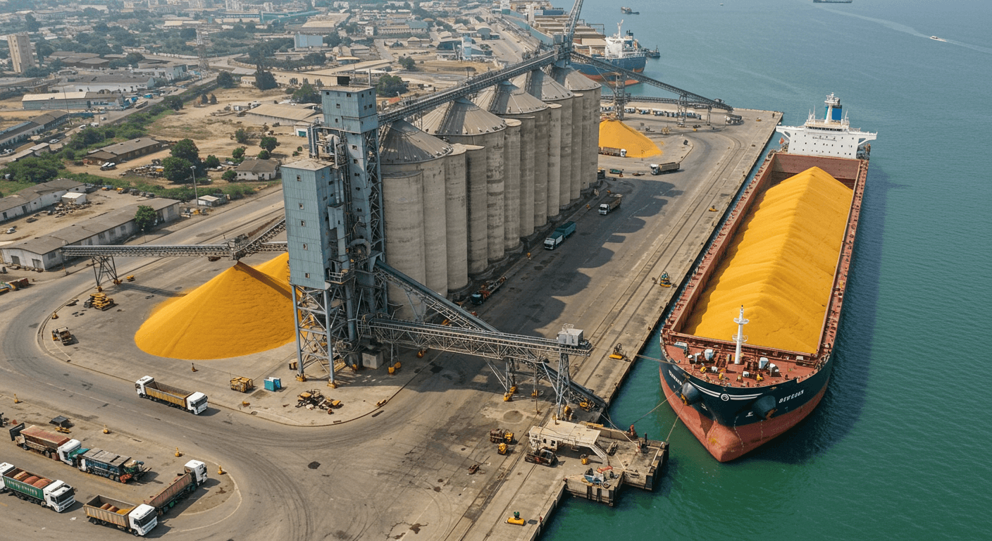 Bulk shipment of maize from a silo at Lagos Port, Nigeria (AI-generated image).