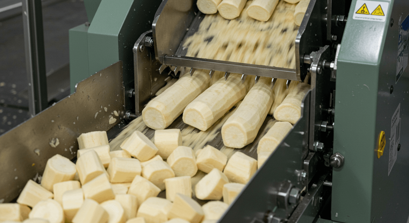 Machine cutting of peeled cassava (AI-generated image).