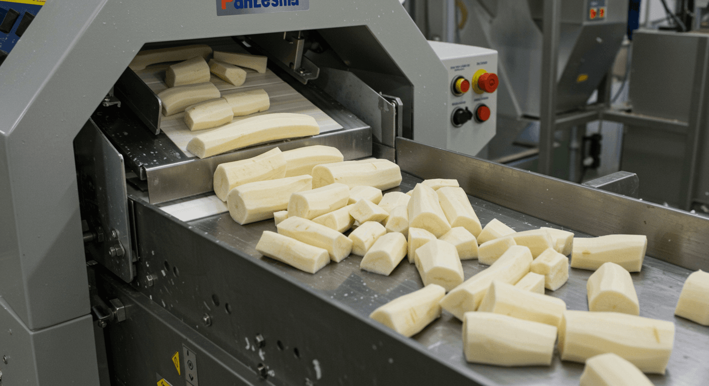 Pemotongan singkong yang dikupas dengan mesin (gambar yang dihasilkan oleh AI).