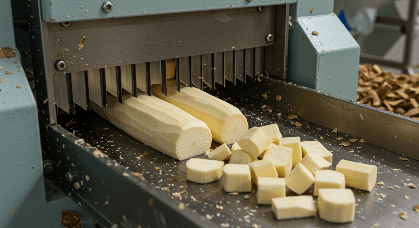 Corte mecânico de mandioca descascada (imagem gerada por IA).