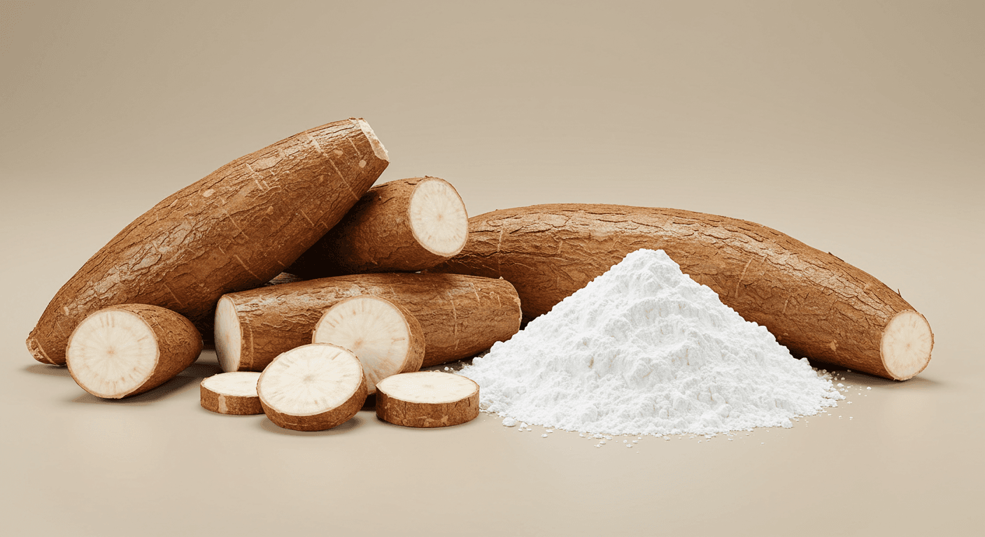 Akar singkong dan pati singkong berdampingan (gambar yang dihasilkan oleh AI).