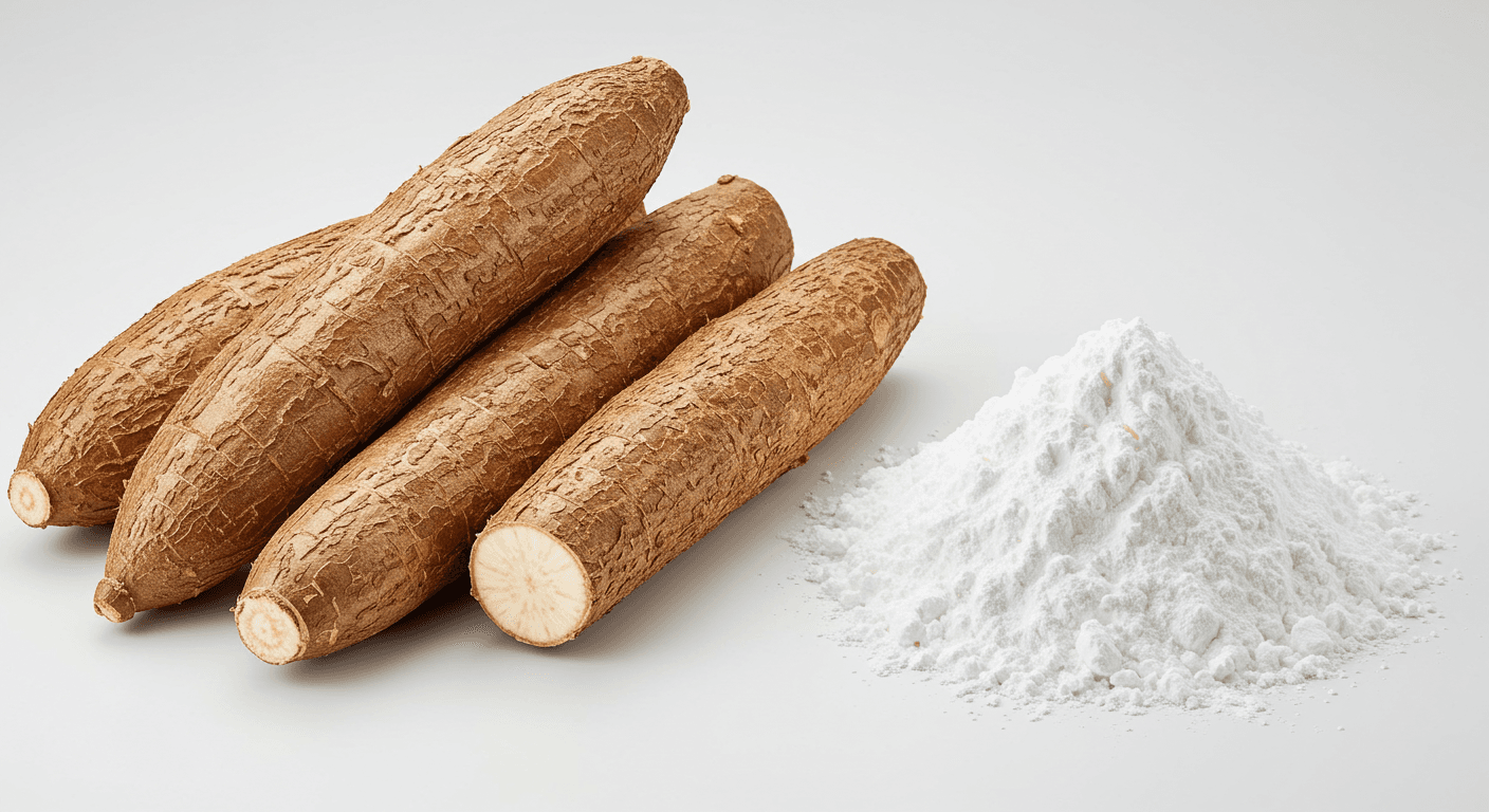 Maniokwurzeln und Maniokstärke nebeneinander (KI-generiertes Bild).