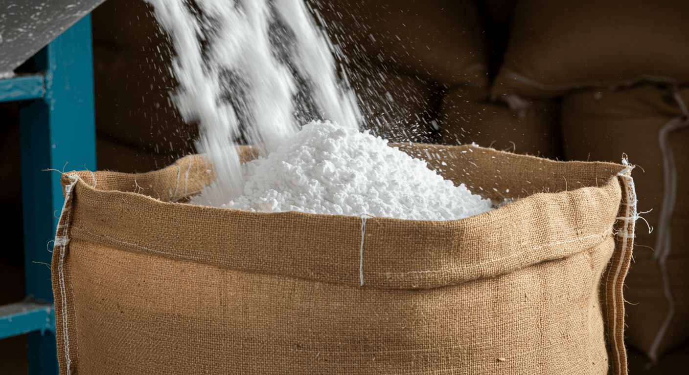 Tinh bột sắn đang đổ vào bao 50 kg (hình ảnh do AI tạo).