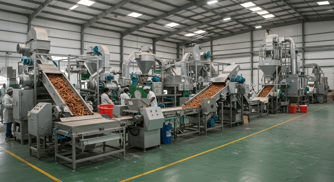 Jalur produksi pati singkong (gambar yang dihasilkan oleh AI).