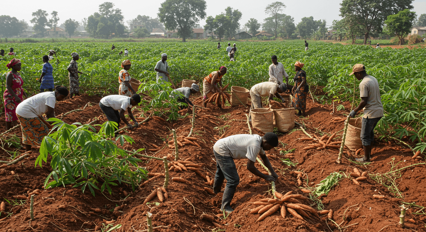 Panen akar singkong segar (gambar yang dihasilkan oleh AI).