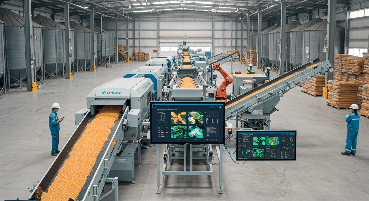 AI-controlled maize grain sorting equipment (AI-generated image).