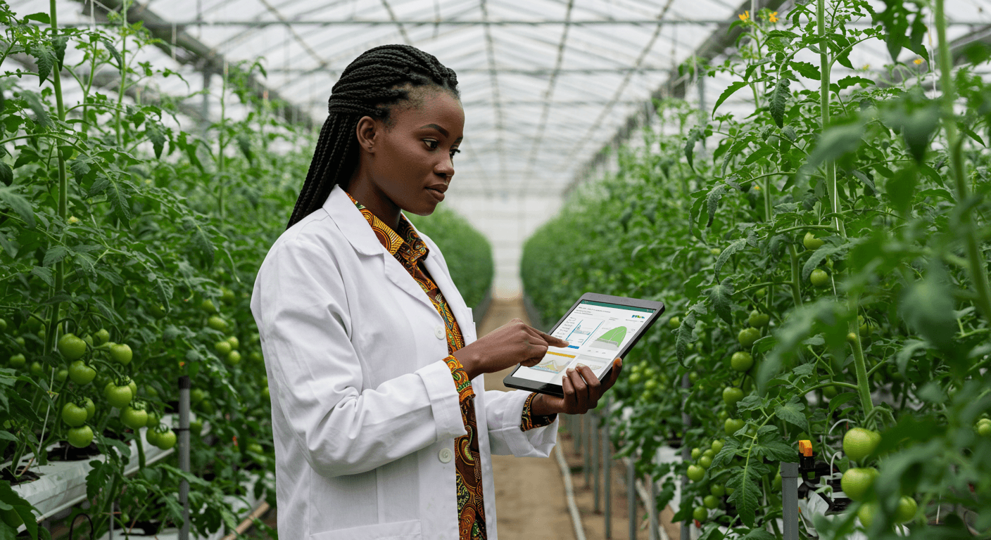 Uma engenheira nigeriana de AgTech monitorou a irrigação em uma estufa de tomates em seu tablet (imagem gerada por IA).