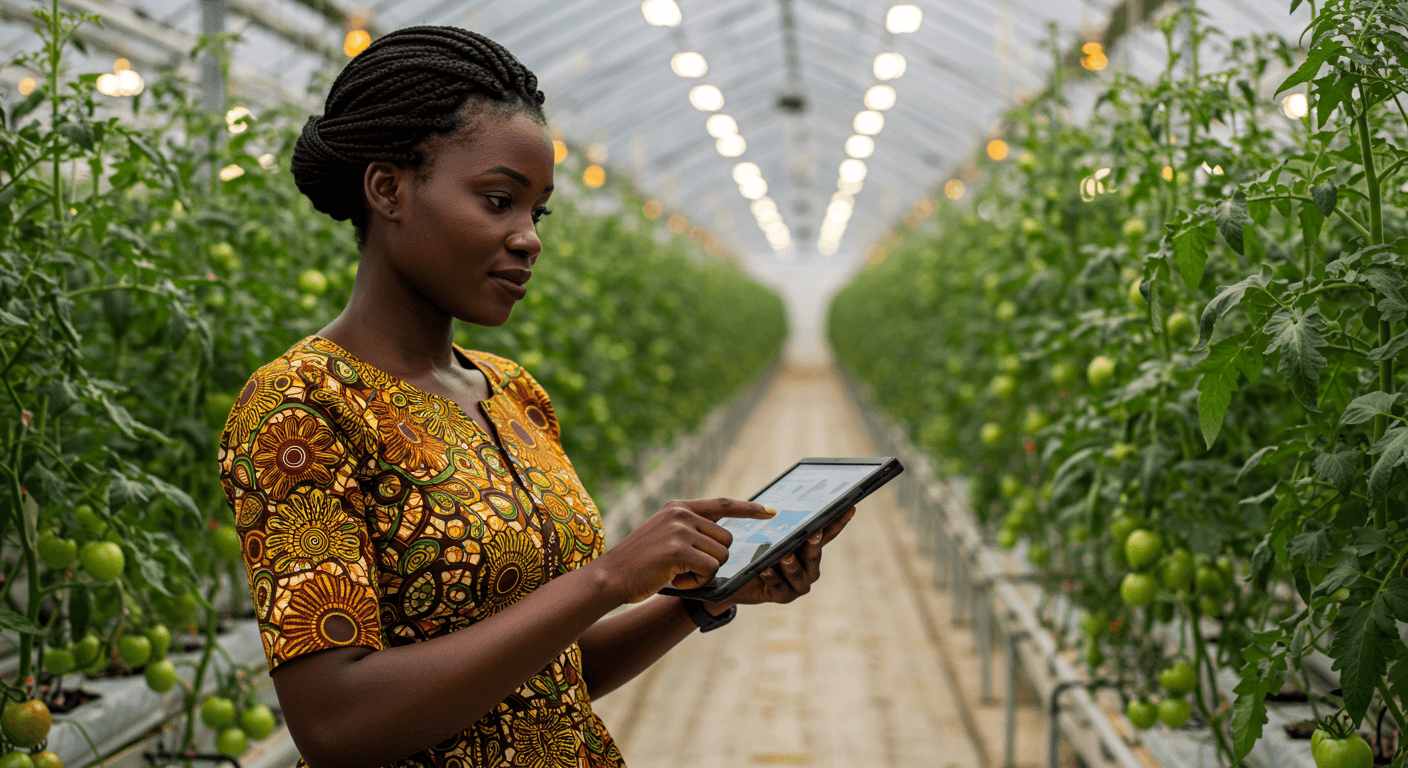 Une ingénieure nigériane en AgTech surveille l'irrigation d'une serre de tomates sur sa tablette (image générée par IA).