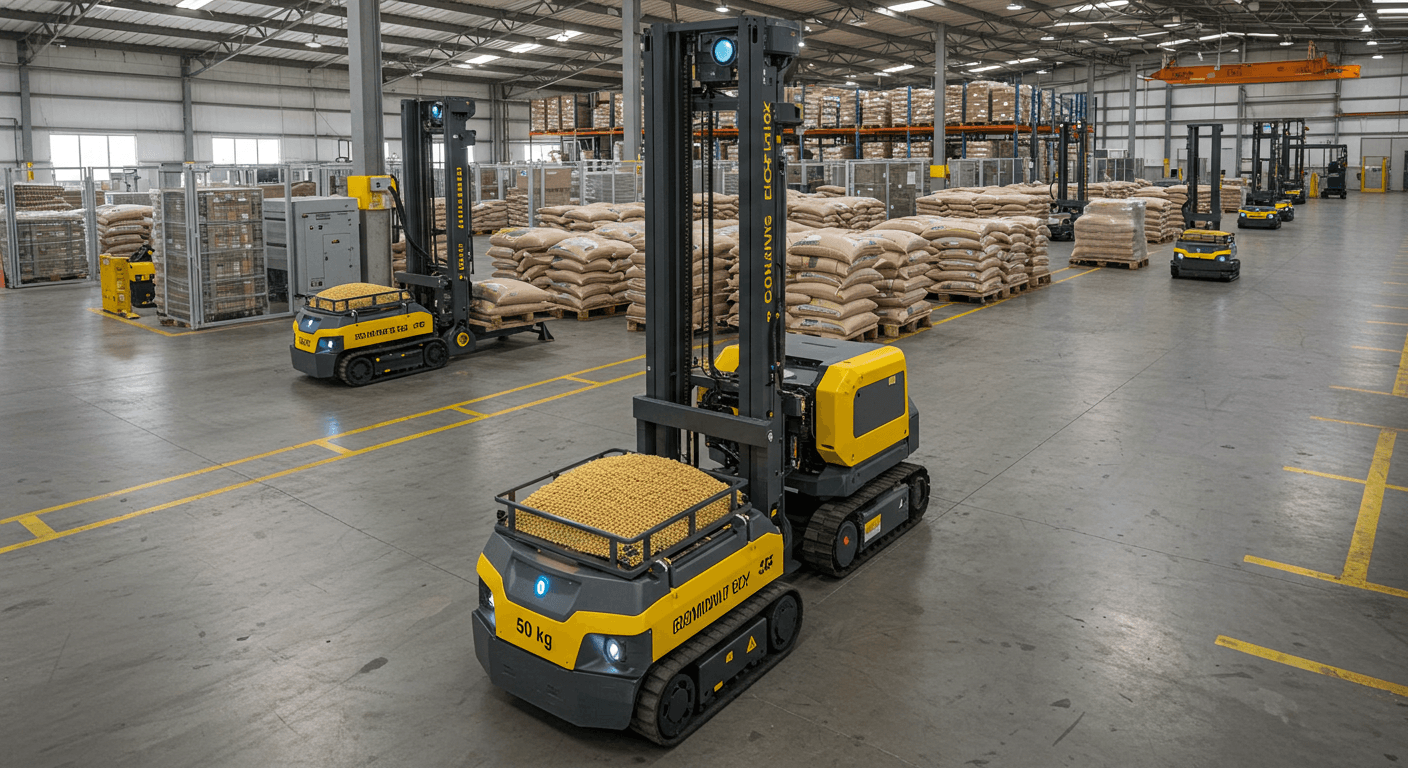 Autonomous robots transport a 50-kg bag of soybeans in a warehouse in Nigeria (AI-generated image).