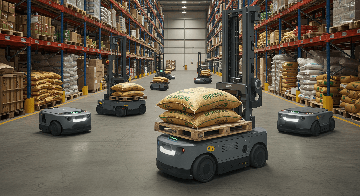 Des robots autonomes transportent un sac de 50 kg de soja dans un entrepôt au Nigeria (image générée par IA).