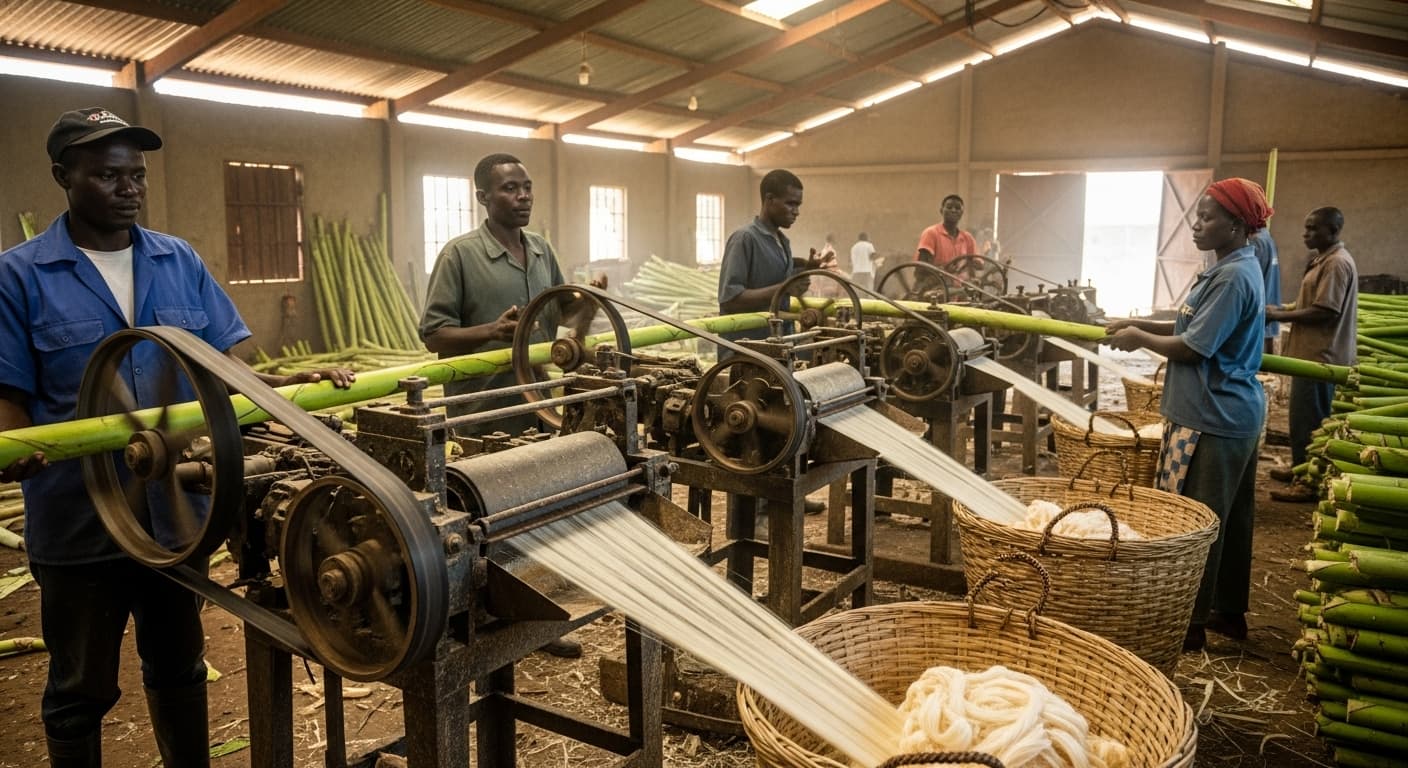 Macchine per l'estrazione della fibra di banana in Uganda (immagine generata dall'IA).