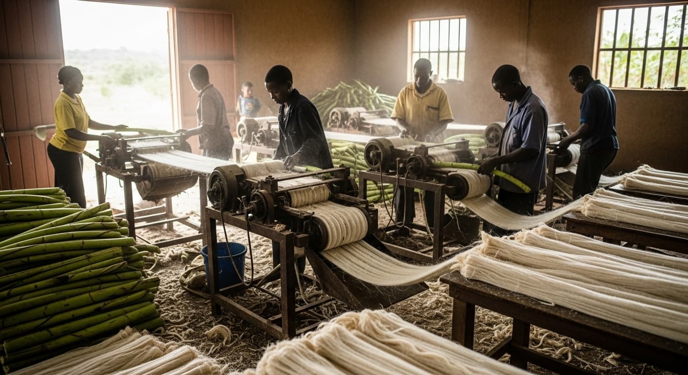 Banana-fiber extraction machines in Uganda (AI-generated image).