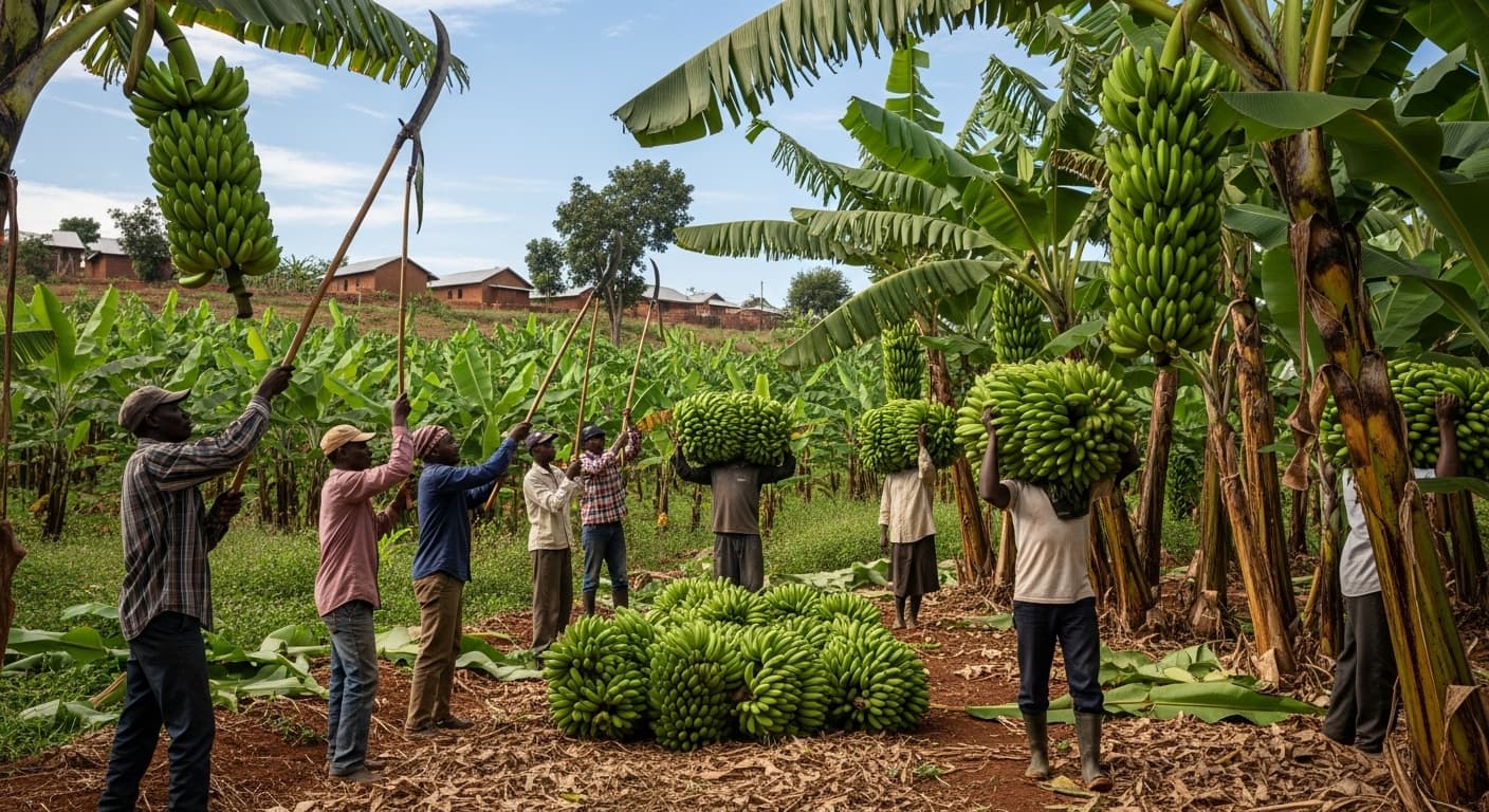 Agricoltori che raccolgono banane in Uganda (immagine generata dall'IA).