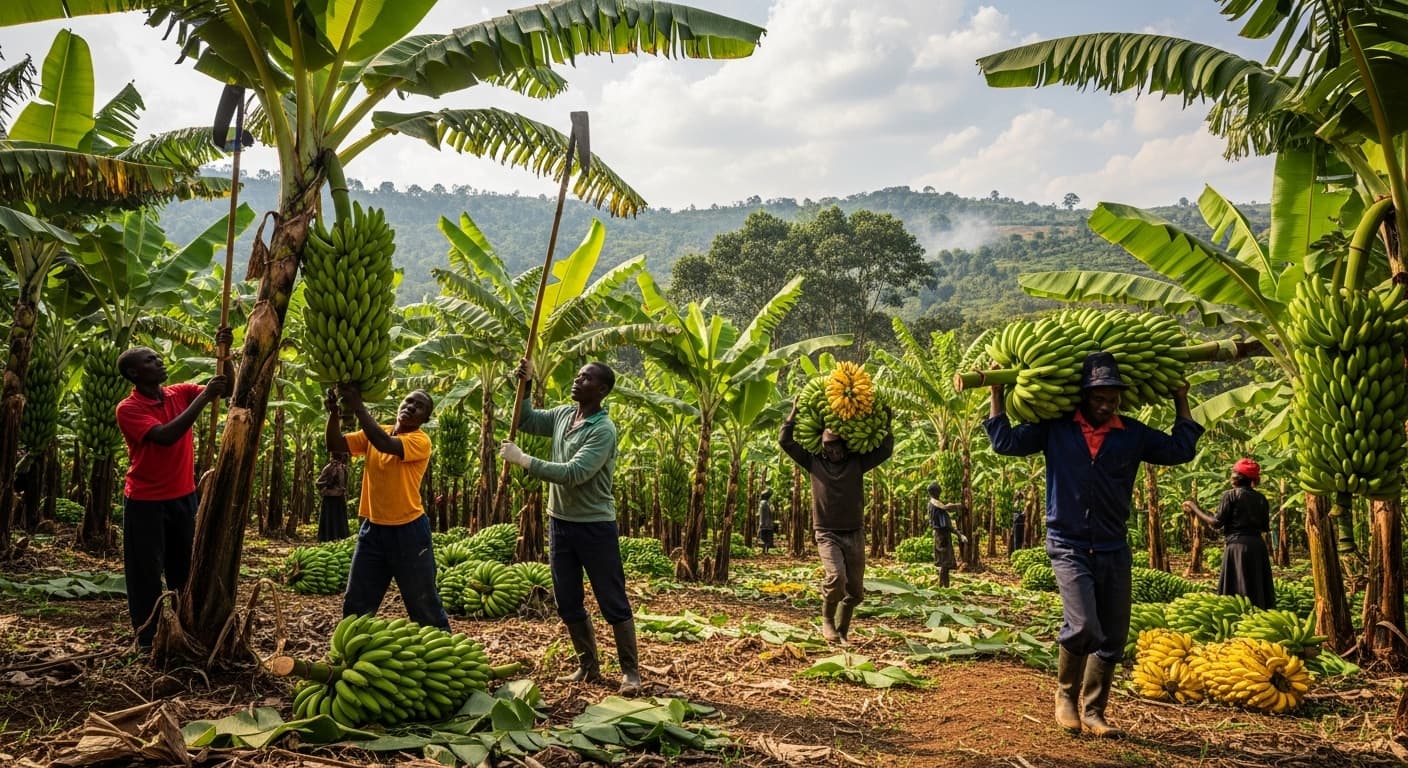 Farmers harvesting bananas in Uganda (AI-generated image).
