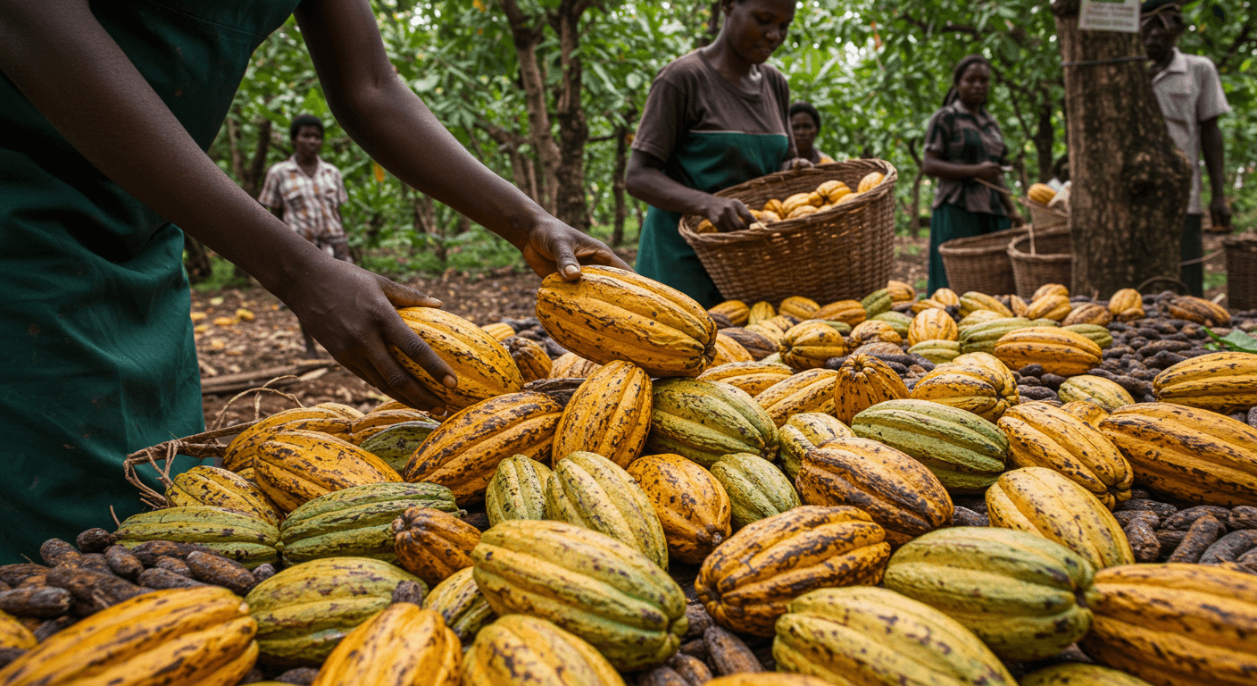 Harvest of cacao pods in Ghana (AI-generated image).