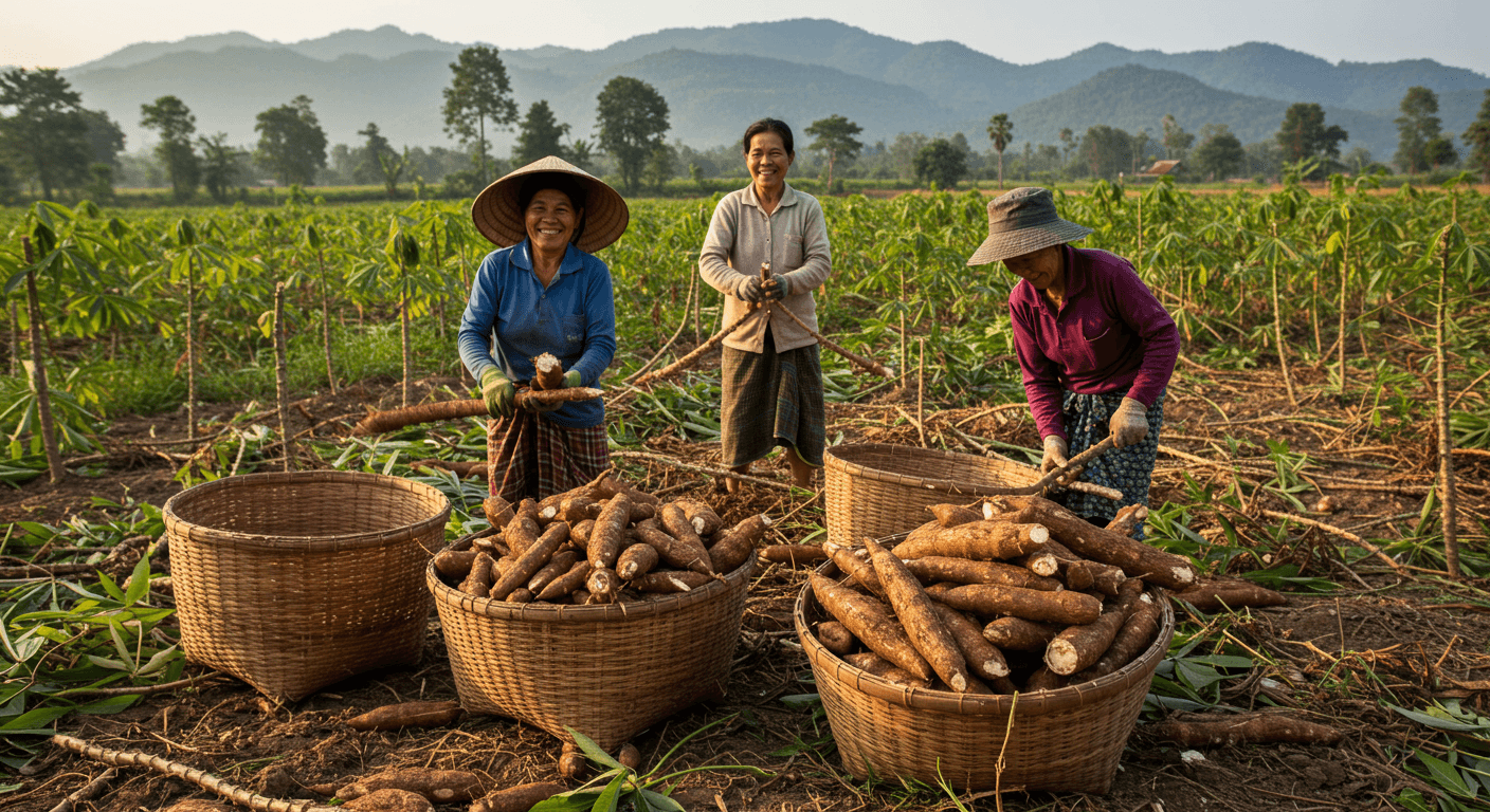 Colheita de mandioca no Laos (imagem gerada por IA)