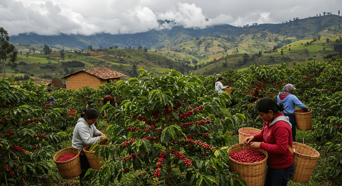 Récolte de cerises de café au Pérou, Amérique du Sud (image générée par l'IA).