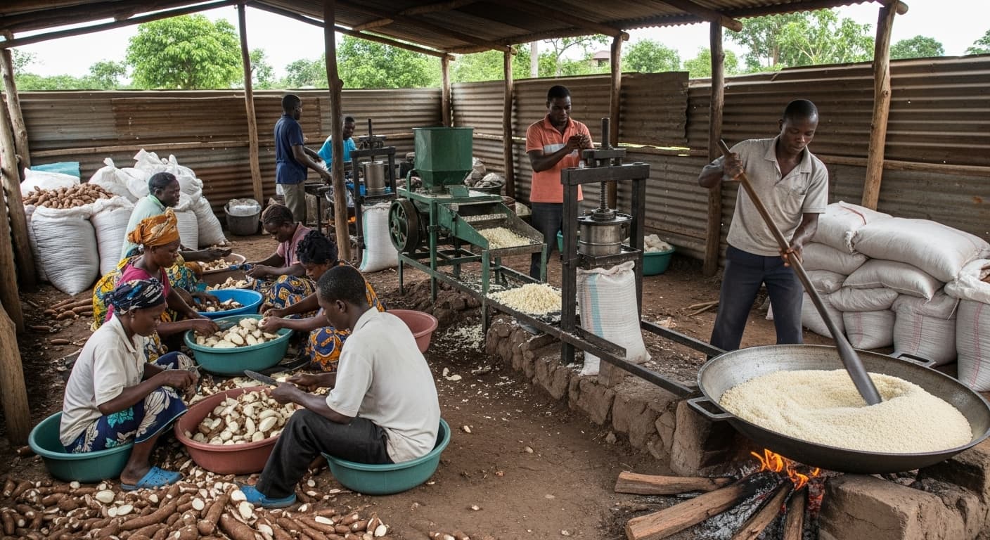 Small-scale gari production line in Nigeria (AI-generated image).