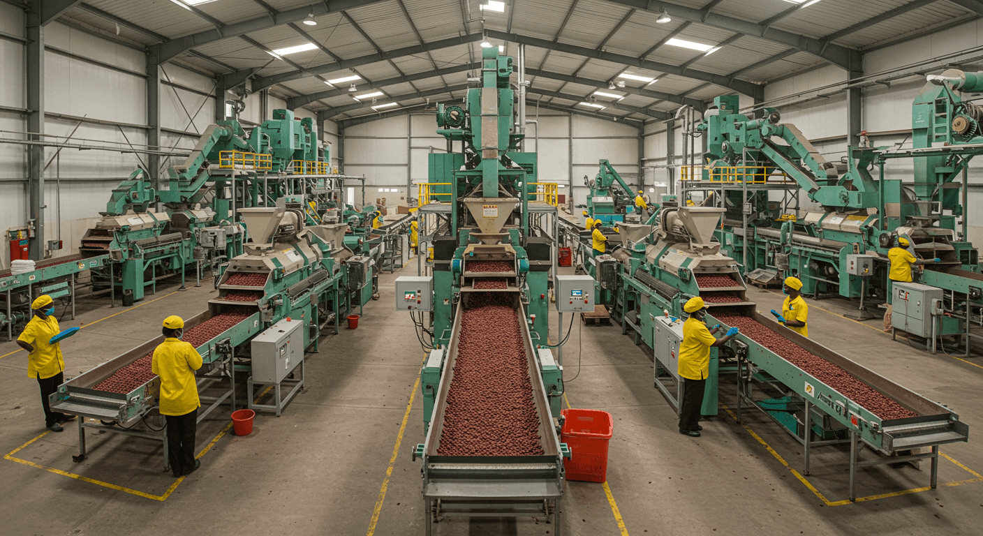 Linha de produção de pó de cacau de alta tecnologia na Nigéria (imagem gerada por IA).