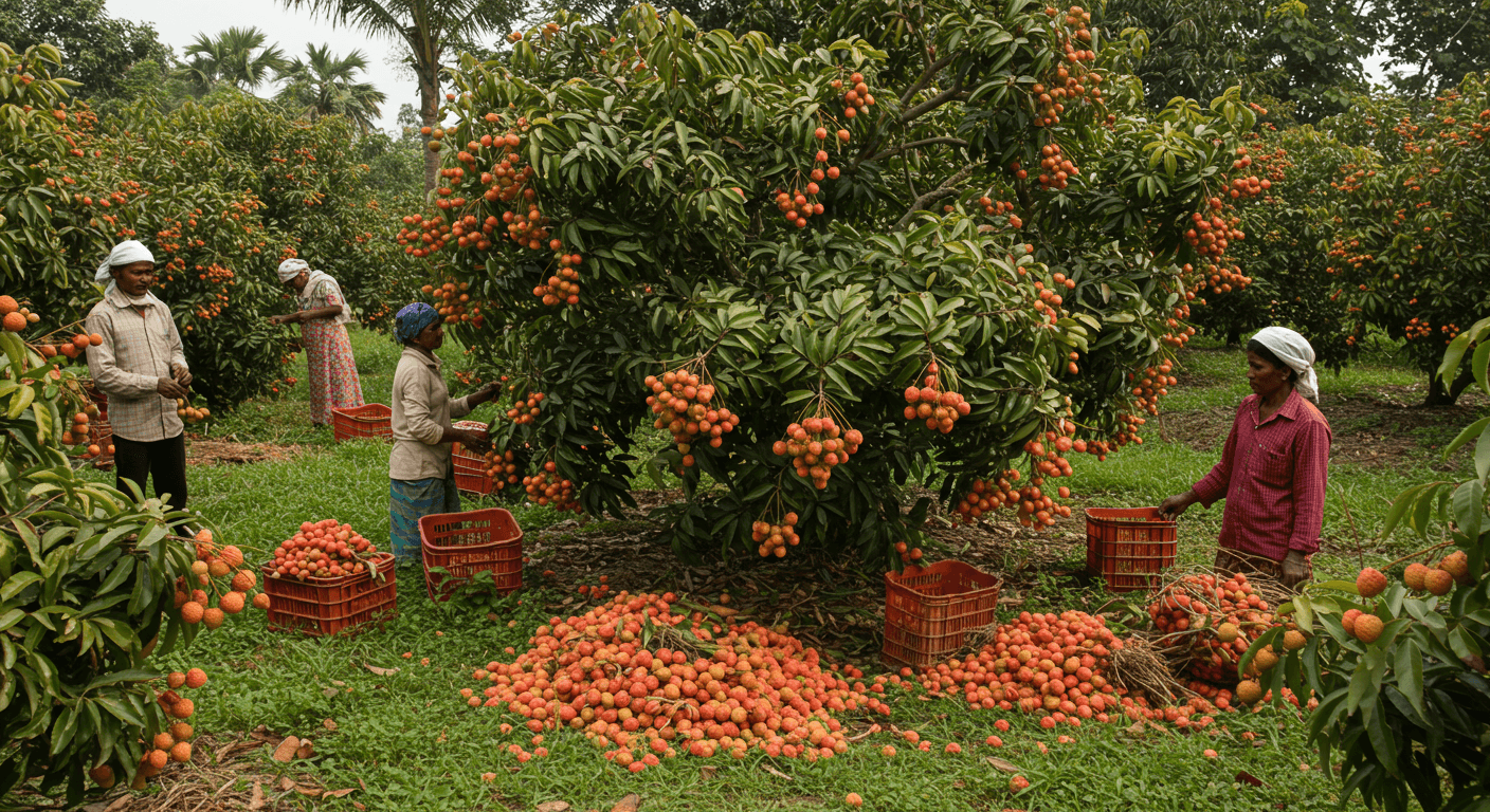 인도에서의 리치 수확 (AI 생성 이미지).