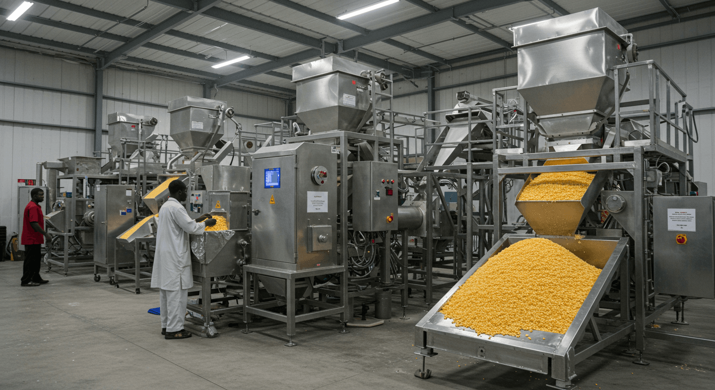 A maize starch production line controlled by AI in Nigeria (AI-generated image).