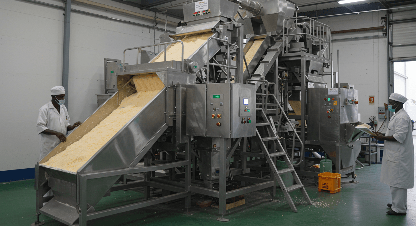 Une ligne de production d'amidon de maïs contrôlée par une IA au Nigeria (image générée par IA).