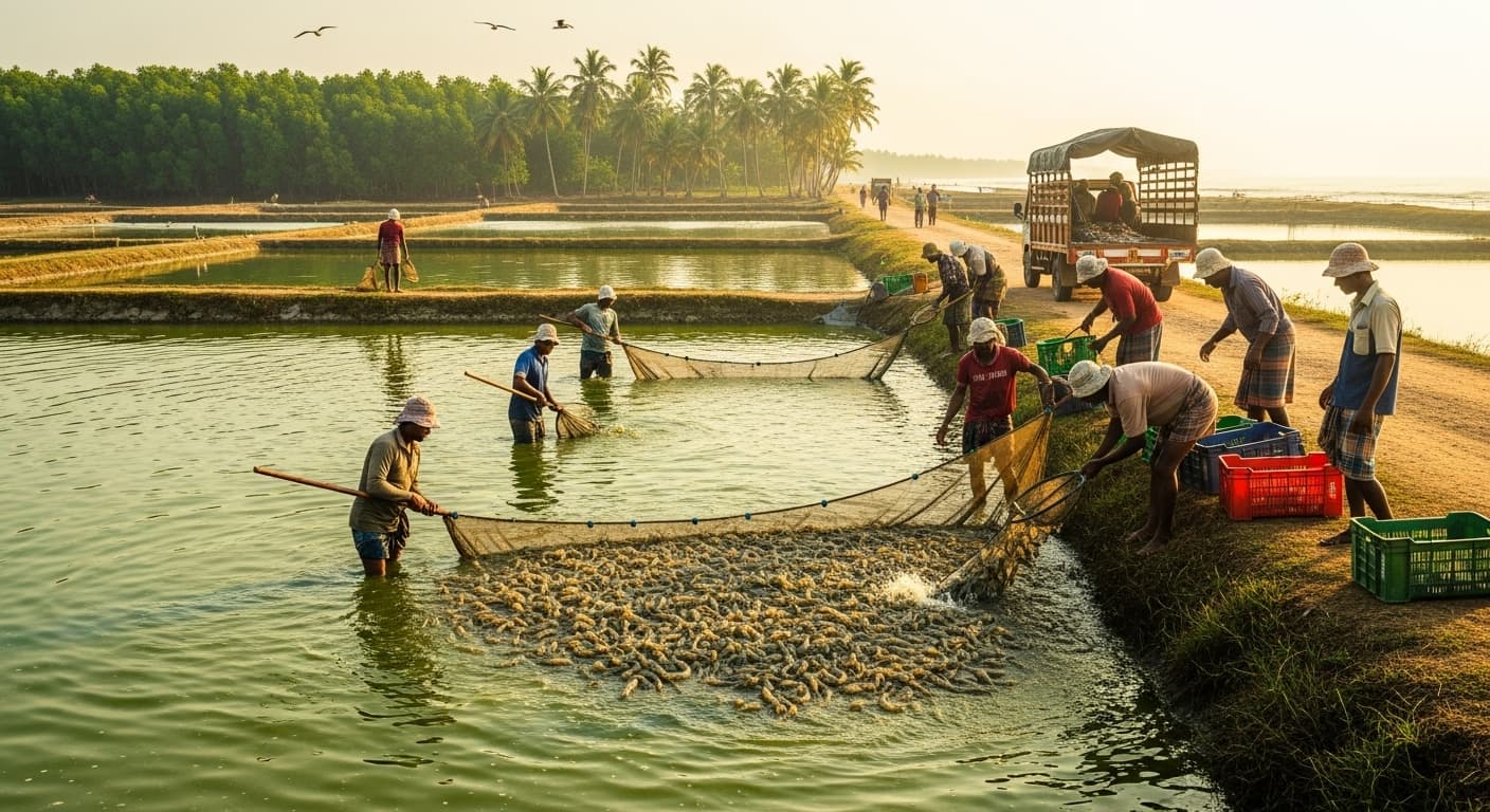 Shrimp farming in India (AI-generated image).
