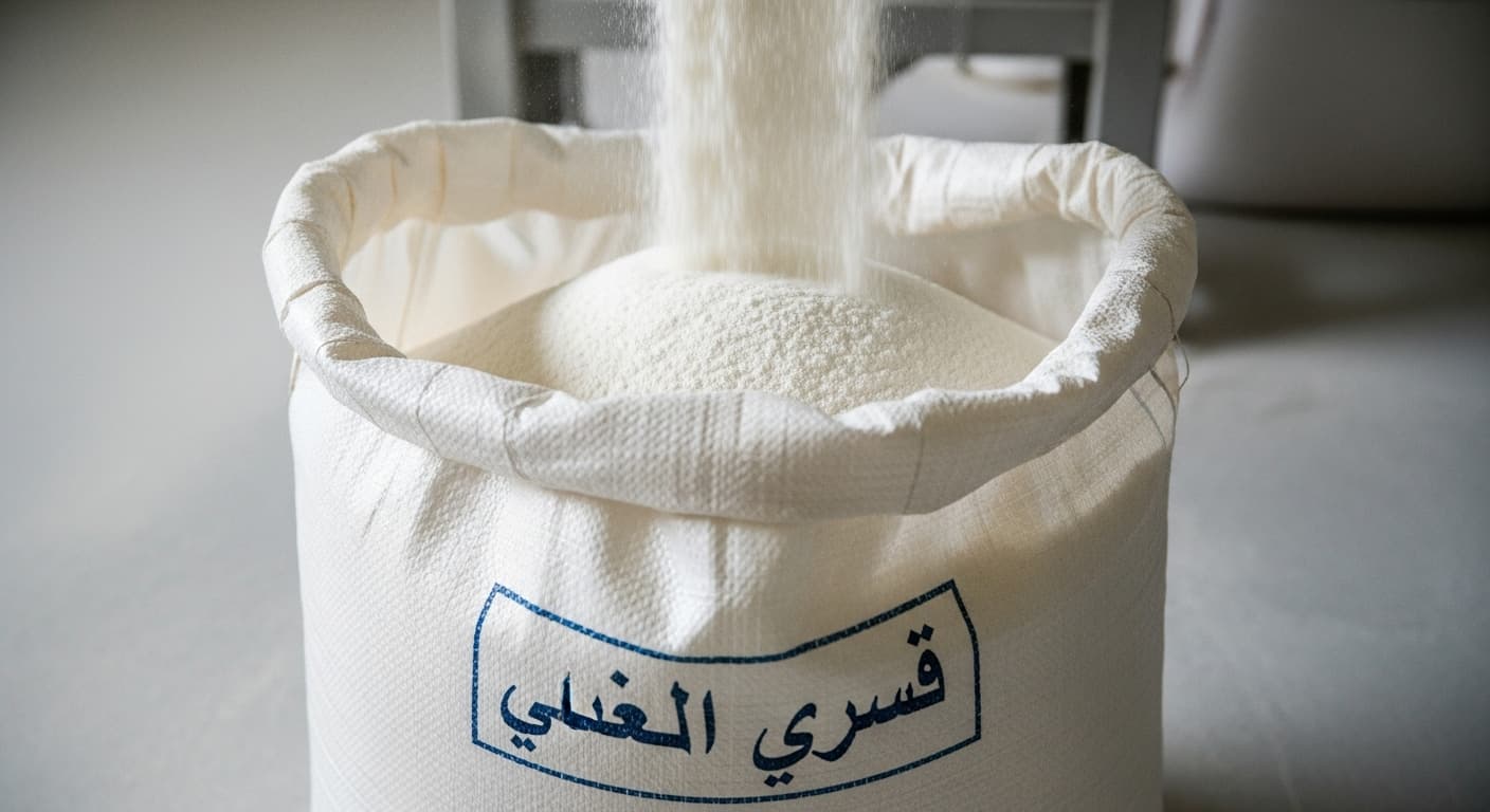 Maniokstärke, die in einen 50-kg-Sack fällt (KI-generiertes Bild).