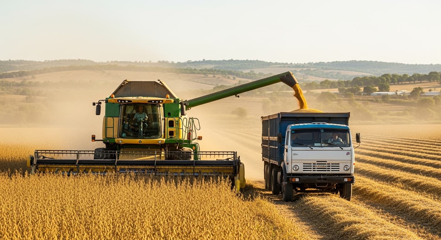 Una mietitrebbia che carica i semi di soia su un camion in Nigeria (immagine generata dall'IA)